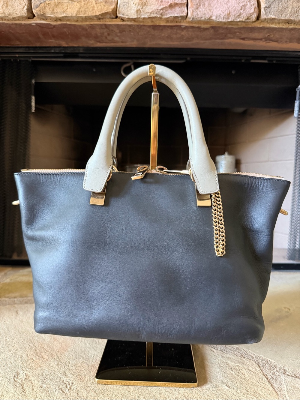Chloe Black Tote with Gray Handles and Gold Chain Accents